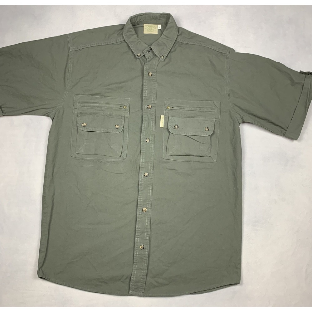 TAG Safari Shirt Mens Medium Olive Green Button Up Short Sleeve Zimbabwe Cotton